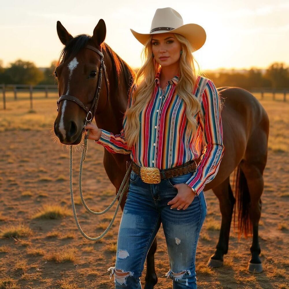 Western Cowgirl Aztec Serape Print Long Sleeve Pearl Snap Casual Top New